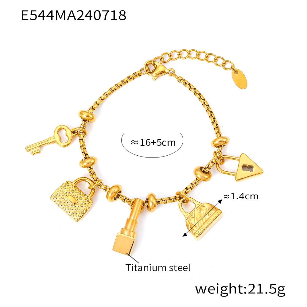 Trendy European-American Multi-Element Rhinestone Pendant Bracelet, Adjustable Retro 18K Gold-Plated Titanium Steel Jewelry