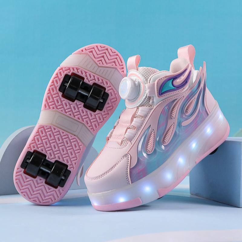 New children's four-wheel novice light up rotary button automatic shrinkage fast walking shoes for boys sneakers