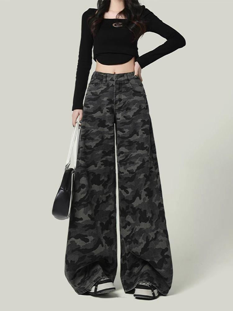 High-waisted Workwear Denim Camouflage Wide-legged Trousers Female Loose Straight Big Yards Casual Trousers Jeans for Women Long Denim Pants