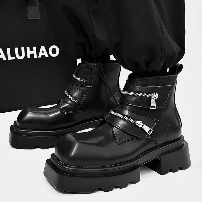 Fashion Derby Black Men's Boots Fashion Thick Bottom Height Increasing Style Outdoor Leisure Party Daily Trendy Youth Leather Shoes Hot