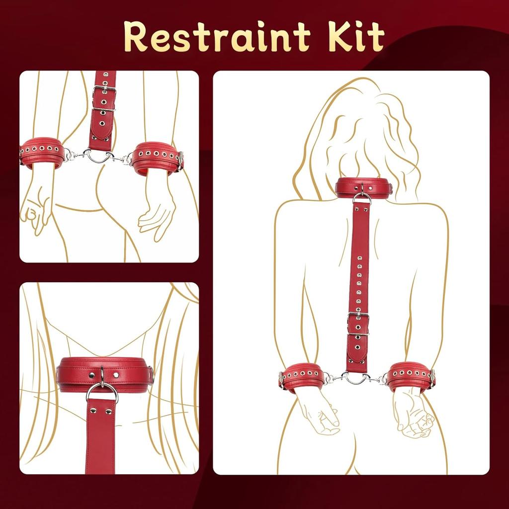 BDSM Bondage Restraints Set Couples Sex Toy Neck Wrist Restraints Kit with Traction Chain Back Handcuffs Collar Adjustable Bondage Gear Accessories