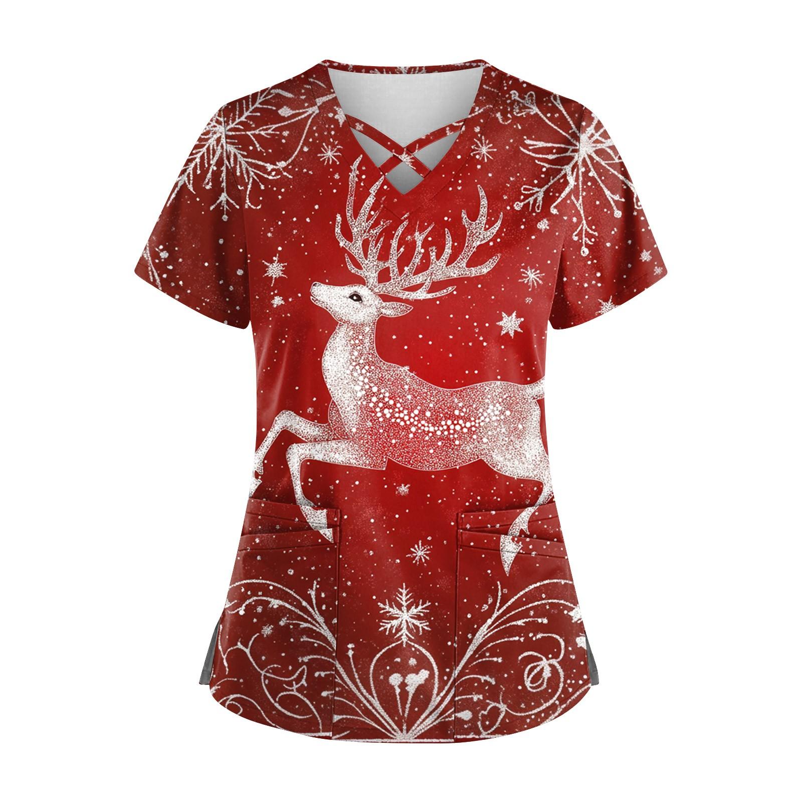 

Женский топ с короткими рукавами, V-образным вырезом, рождественским принтом и карманом Dry-nurse S красный
