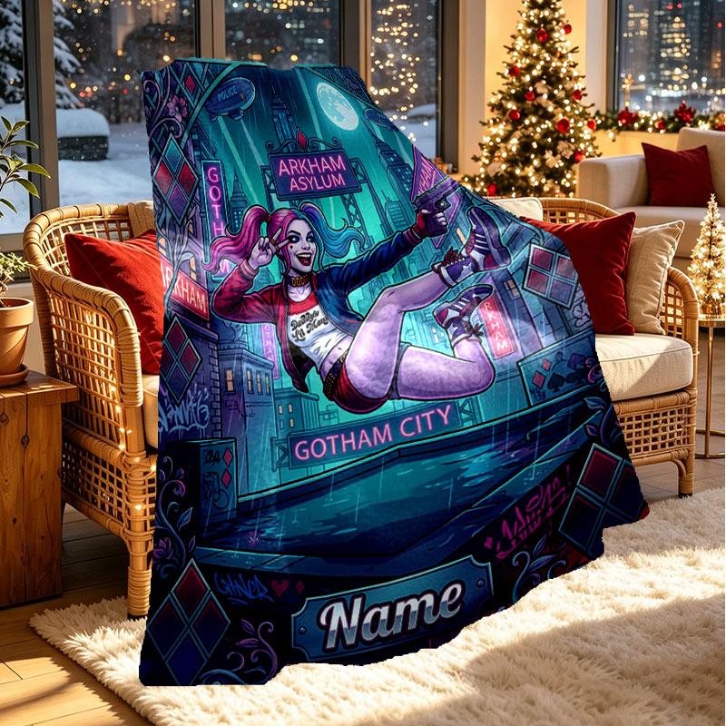 Custom Name Personalized Harley Quinn Print Blanket, Home Decor, Bedroom, Sofa, Camping, Couch, Gifts for Birthday Christmas