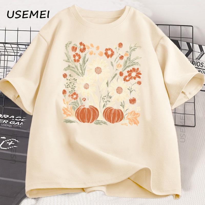Boho Fall Floral T Shirt Retro Fall Tshirt Autumn Vibes Pumpkin Season Graphic Tee Women Vintage Halloween Women Clothing Tees