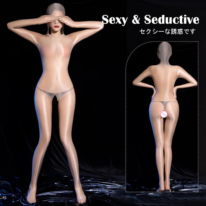 Sexy Öl Glänzende Ganzkörperstrümpfe Frauen Durchsichtiger Bodysuit-Overall mit offenem Schritt Trikot Catsuit Sex-Porno-Kleidung für Erwachsene