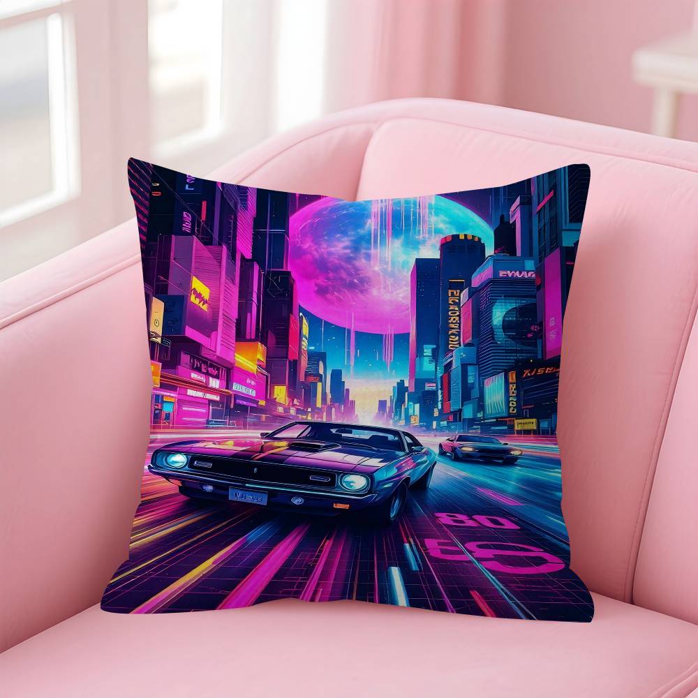 Neon Night City Landscape 80S Cyberpunk Car Cushion Cover 30X50 Polyester Sofa Cushions Throw Pillow Home Decoration Pillowcover