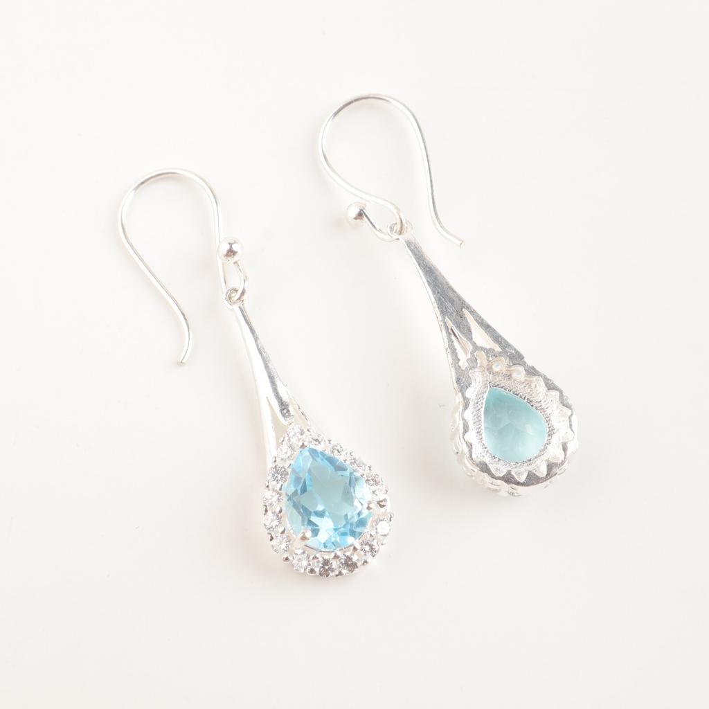Natural Sky Blue Topaz Gemstone 925 Stamped Silver Jewelry Zircon Earrings 1.86" CZE-7-11
