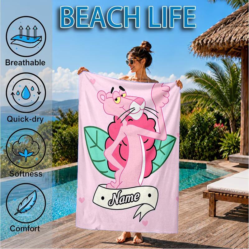 Benutzerdefinierter Name Pink-Panther Herz Im Weltraum Abenteuer Mikrofaser Strandtuch, Leicht für Sommerreisen, Schwimmbad Fan Geschenk