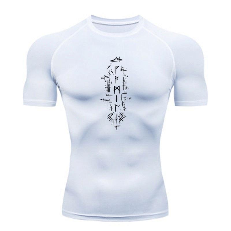 Men's Compression Athletic T-Shirt, Quick Dry Runes Print Breathable Stretchy Workout Top for Gym Jogging Training Casual Sportswear
