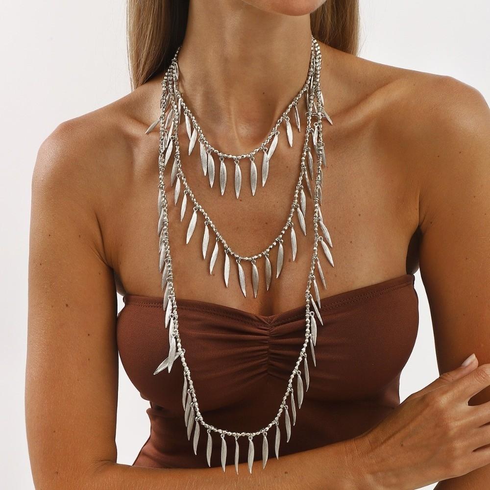 Vintage Beaded Splicing Necklace Alloy Gold /Silver Tassel Necklace Metal Chains Bohemian Style Feather Leaves Charm Necklace