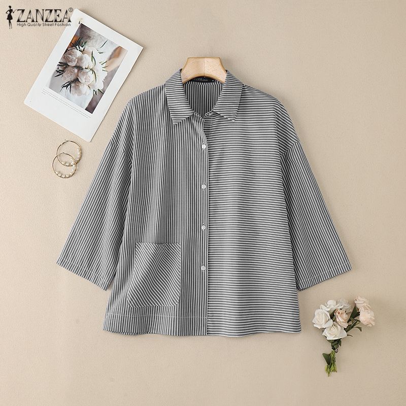 ZANZEA Women Turn Down Collar 3/4 Sleeve Casual Stripe Blouse