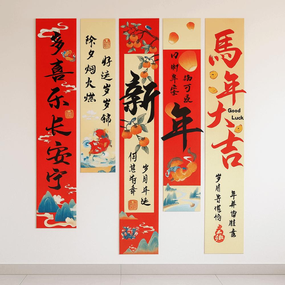 5Pcs/Set Chinese Style 2026 New Year Hanging Cloth Decorative Blessing Words Year of Horse Flags Traditional