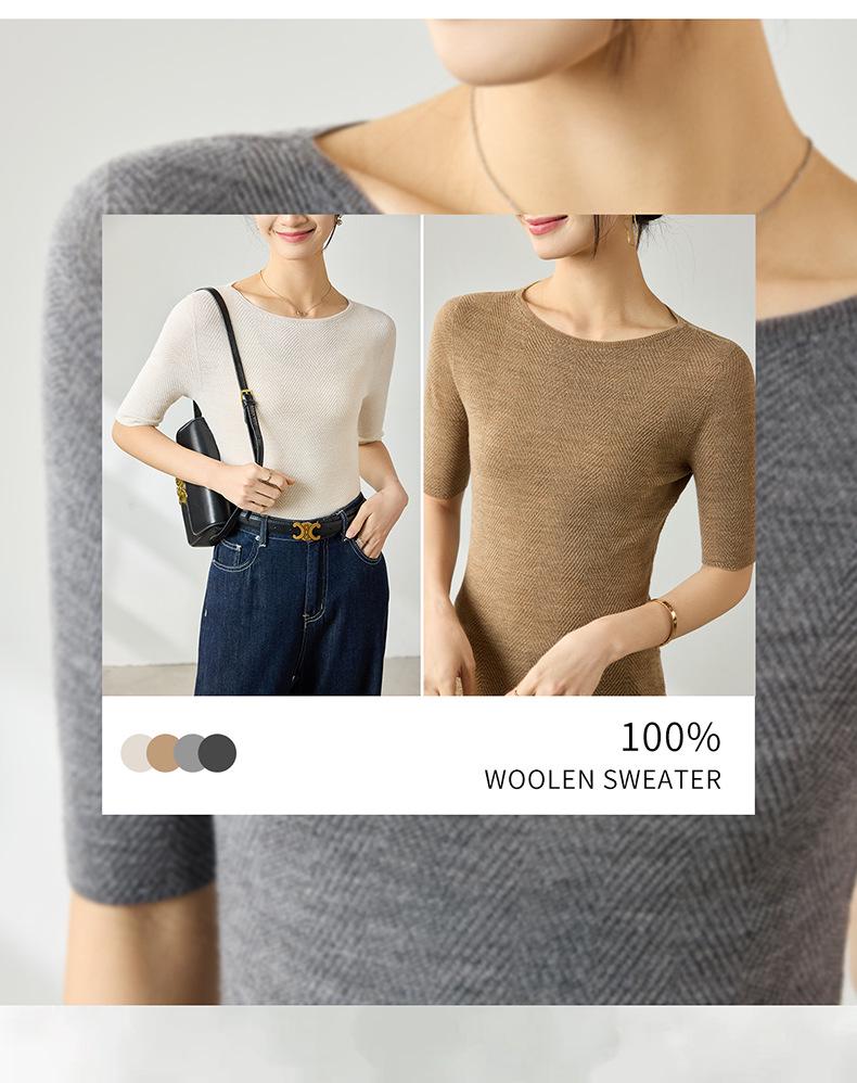 Yangtze Fine Spun Wool One-Shoulder Mid-Sleeve Women's Slimming T-Shirt, Spring Pure Color Elegant Base Layer Top
