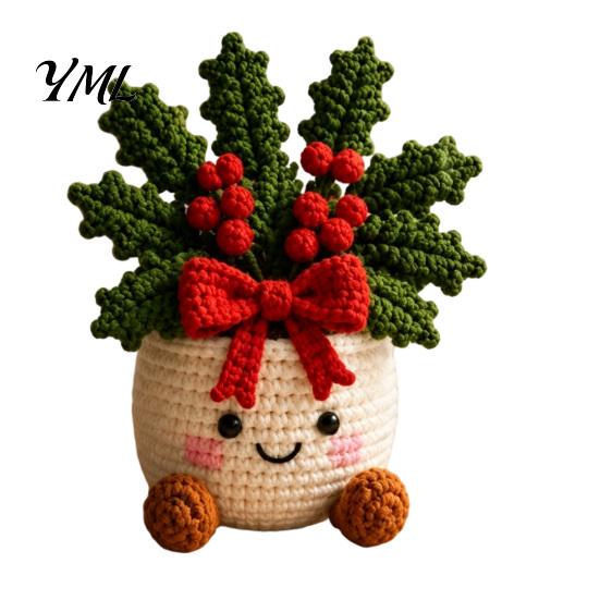 Decorative Yarn Craft for Home Simulated Crochet Christmas Potted Decor, Knitted Mini Artificial Tree Flower Durable Plants Ornament, Cute Festive