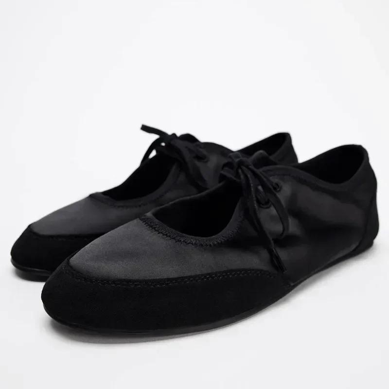 

Модные черные балетки на шнуровке для женщин, удобные, из мягкой атласной ткани, с круглым носком, женская осенняя обувь, брендовая повседневная женская обувь 36 чёрный