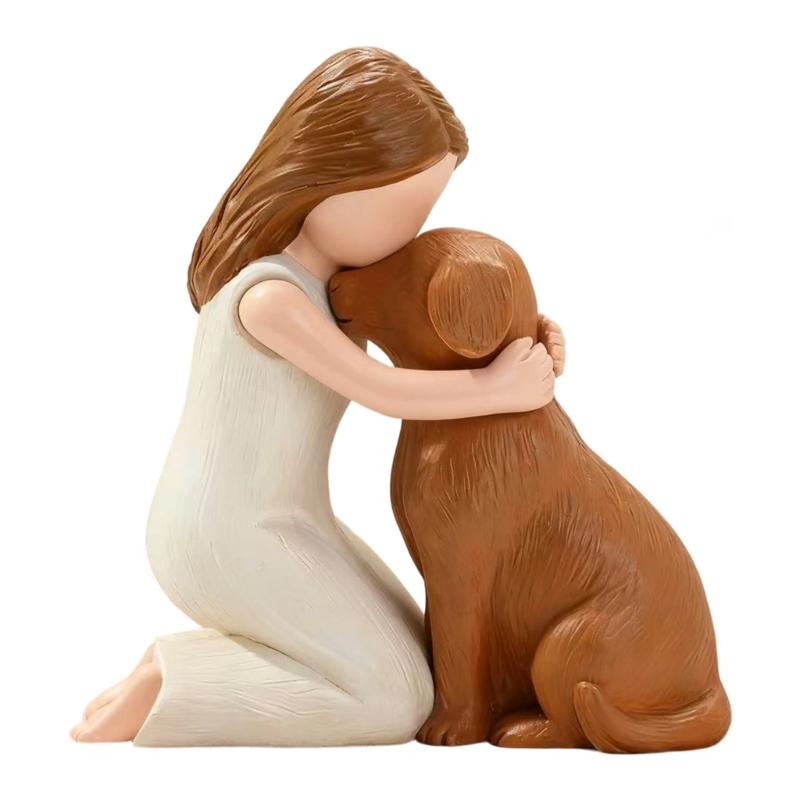 Girl Embracing Dog Sculpture Resin Miniature Statue Loss of Pet Sympathy Gift for Living Room Bedroom Display Ornament