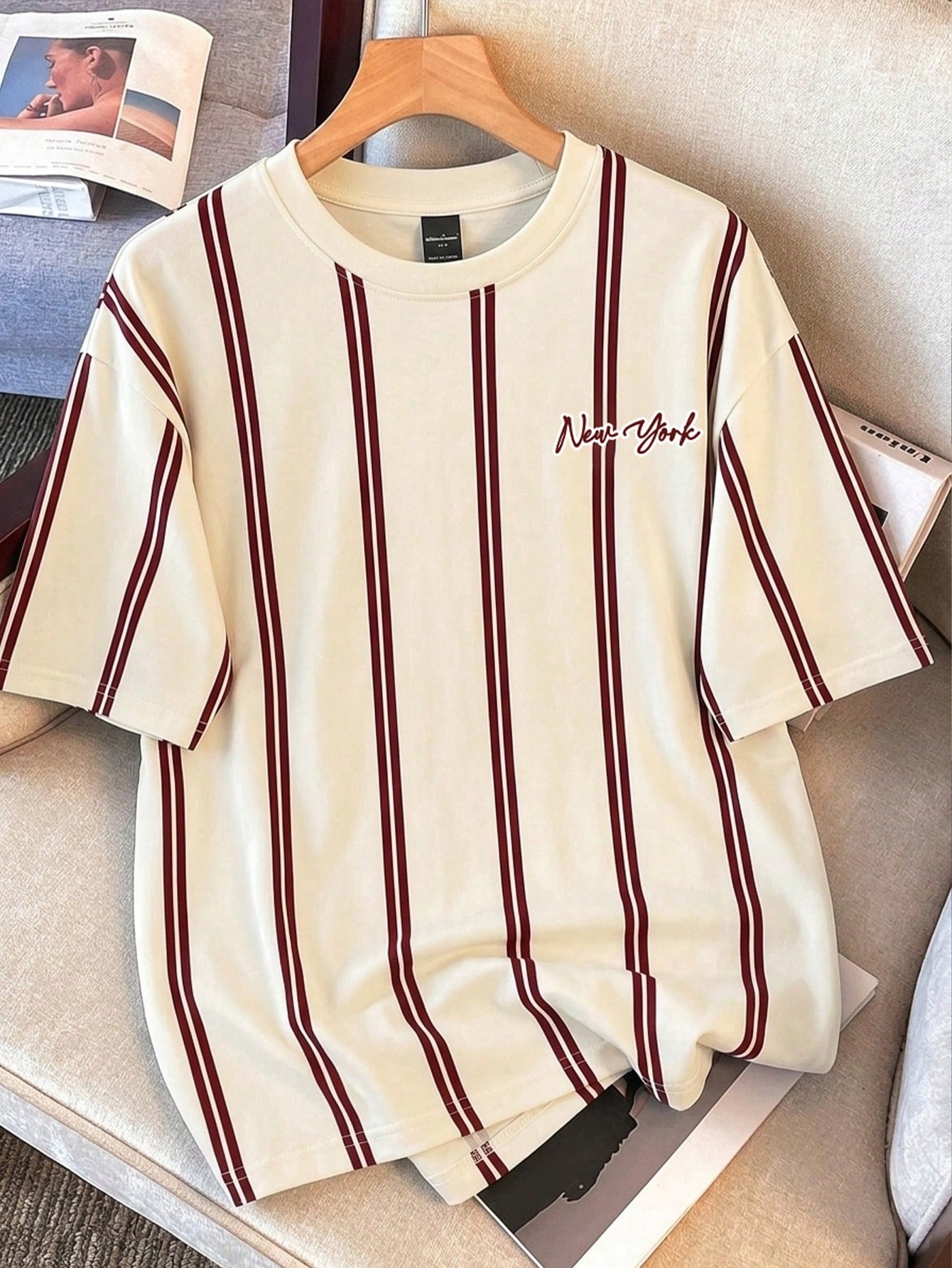 Men s Casual Red Striped Letter Pattern T-Shirt, Suitable For Summer, School, Excursions, Friendship Gift S