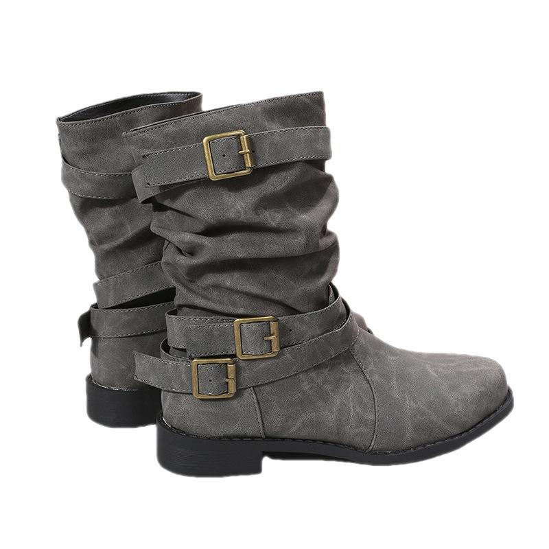 Large size women's boots autumn and winter new flat bottom low heel women's boots medium boots women's batch