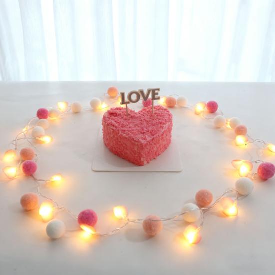 LED Pom Poms Fairy String Lights with 20 Pink Heart LEDs Battery Operated Romantic Garland Lights
