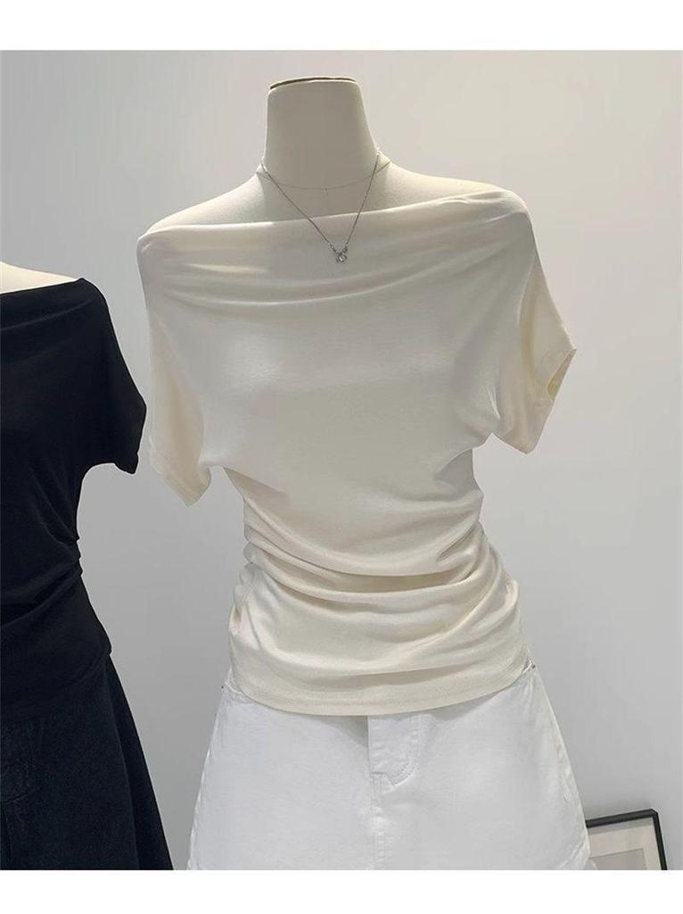 Sommer Reines Verlangen Ein Schulter Schwarz Kurzarm Damen T-Shirt Koreanischer Stil Schlankmachendes Top Freiliegende Schulter Modisch