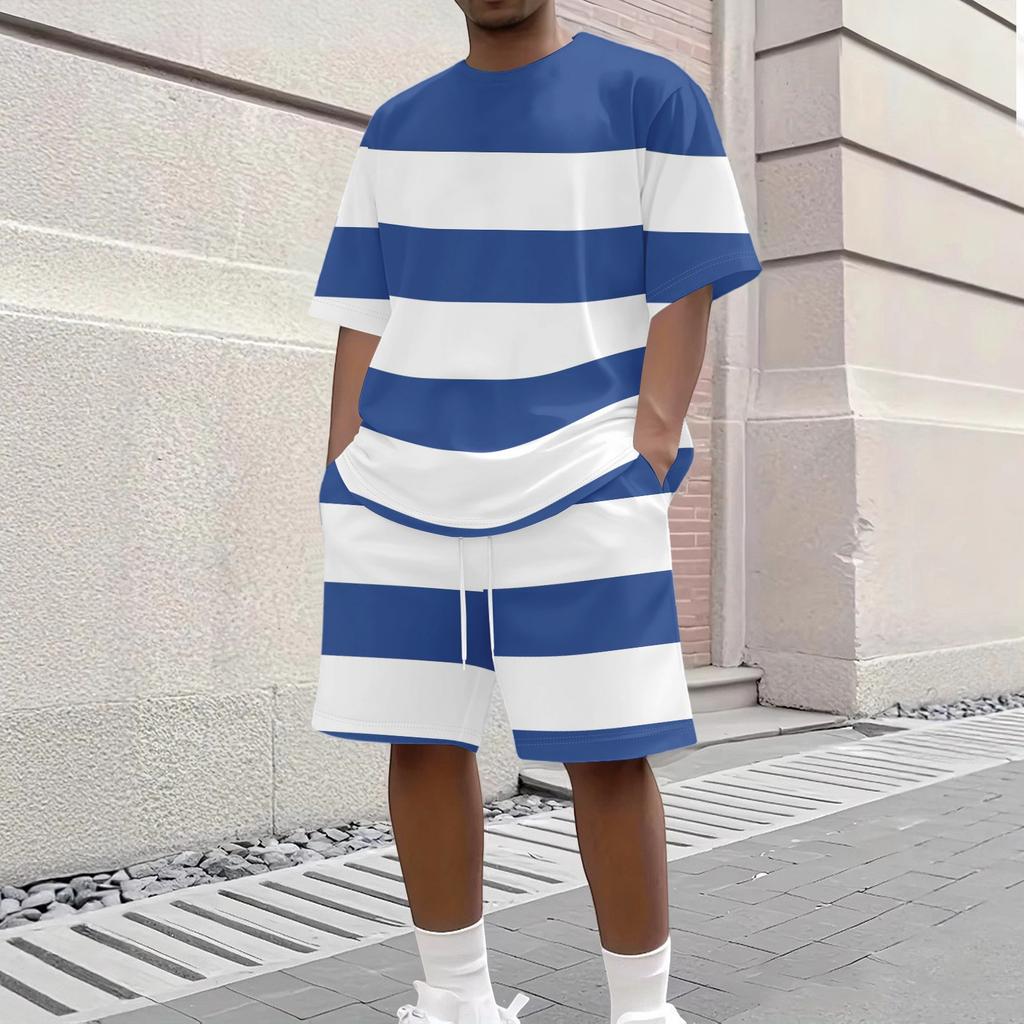 Men's Casual Short Sleeve Crew Neck T-Shirt and Shorts Set Striped Pattern Lightweight Breathable Summer Outfit for Daily Wear