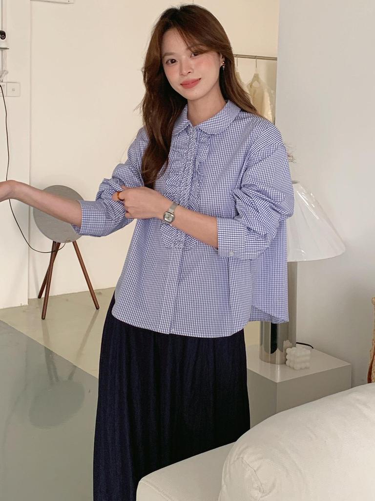Korean Retro Plaid Women's Loose Long Sleeve Pleated Lace Shirt