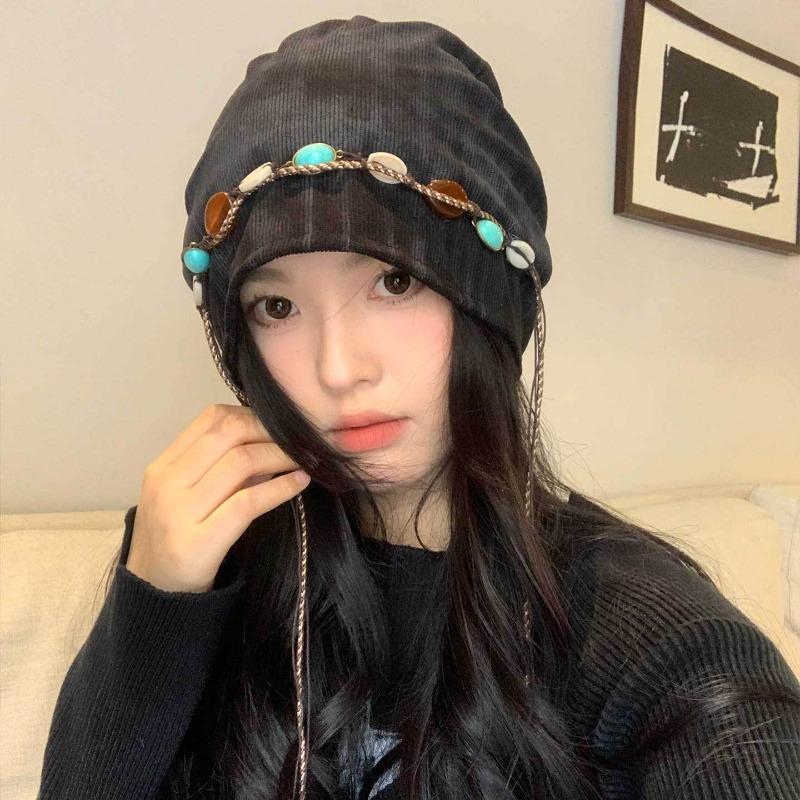 Retro tassel beaded stacking hat children's autumn versatile big head circumference shows the face of small bag head hat tide