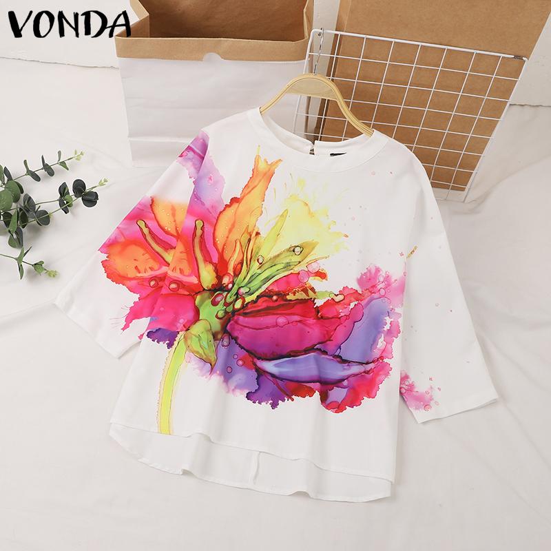VONDA Women Fashion Round Neck 3/4 Sleeves Floral Print Blouses