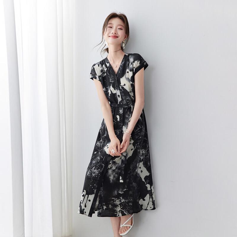 Srcr 16 Momme Silk New Chinese Style Ink Print V-Neck Dress M