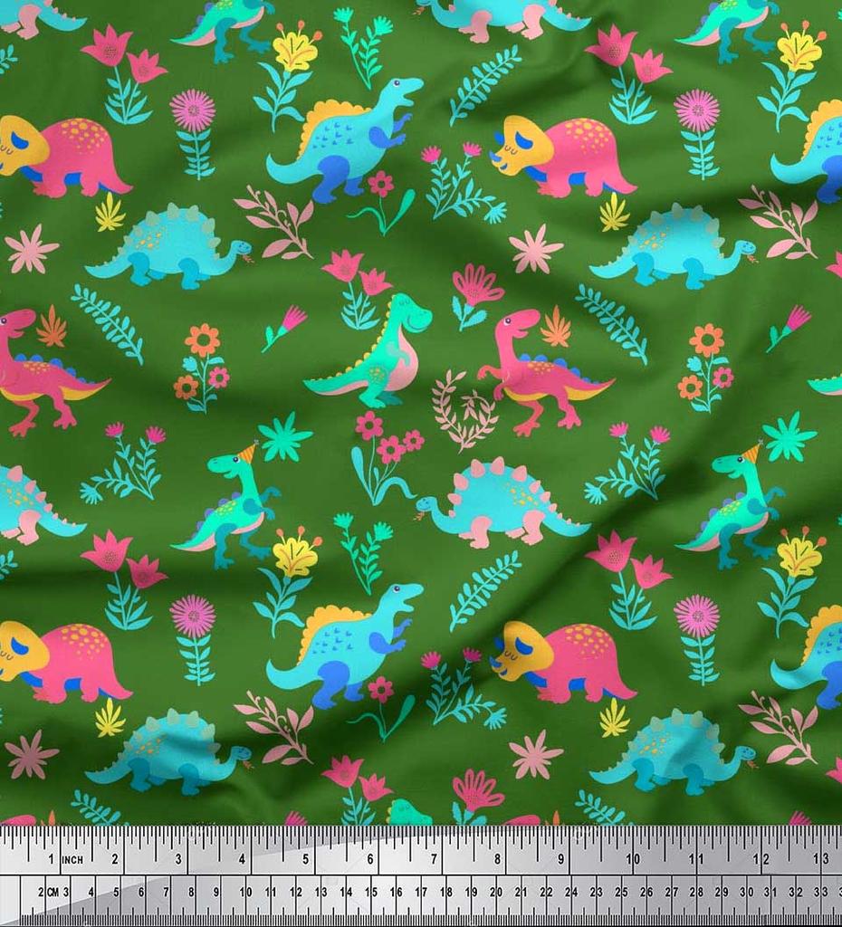 Soimoi Black Japan Crepe Satin Fabric Aster Flower & Dinosaur Kids Print Fabric by Metre 42 Inch