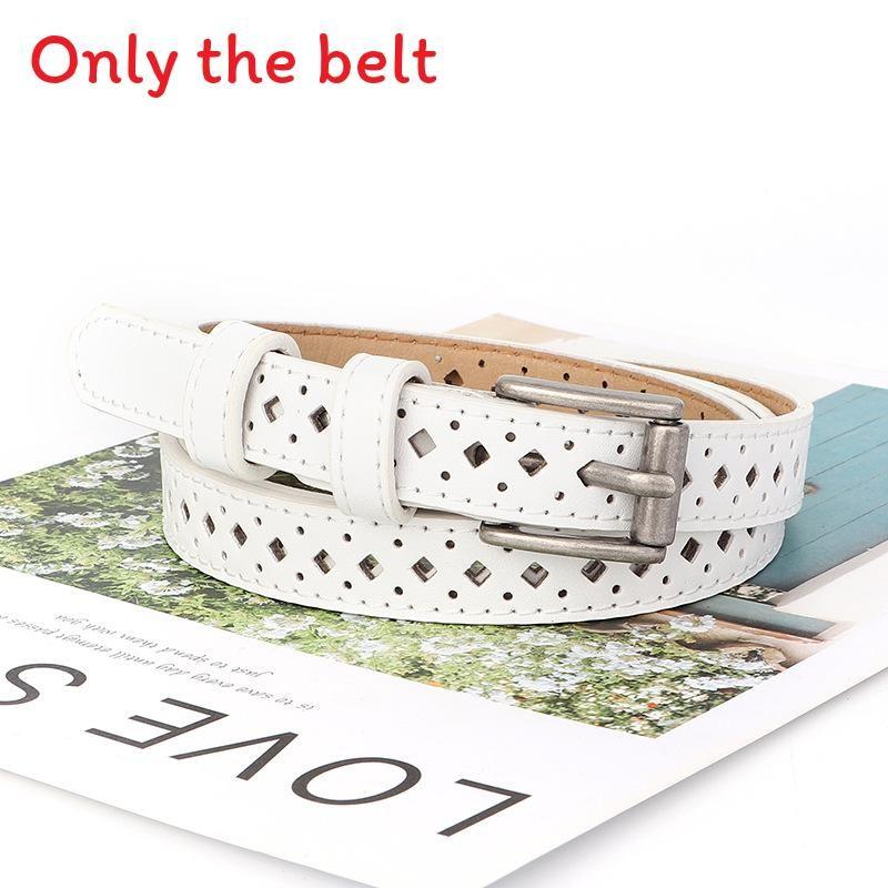 Womens Pu Leather Belt No Punching Required With Silver Buckle And Hollow Design