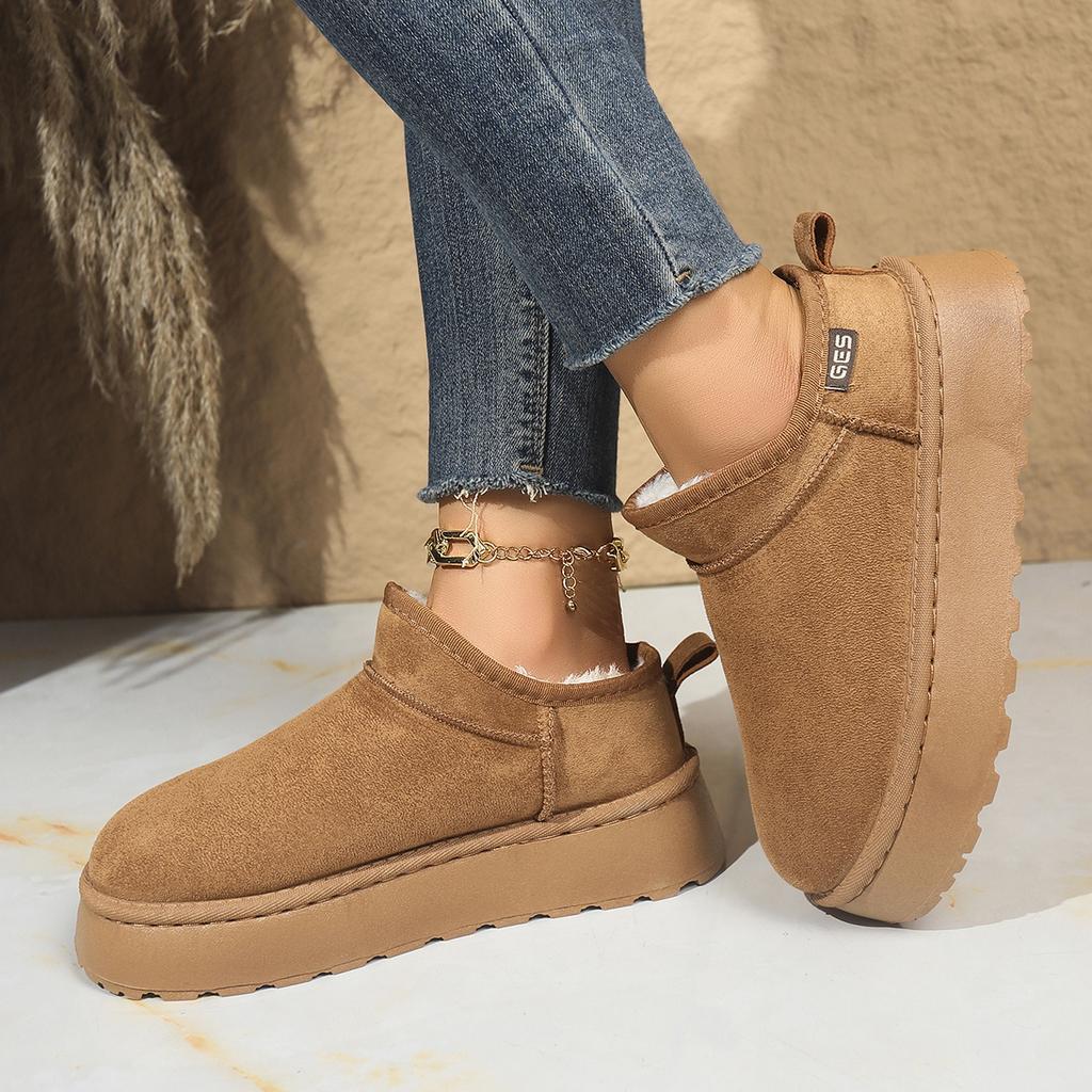 Schneestiefel für Damen 2026 Winter Neu Kaschmir Warm Dicke Sohlen Ohne Absatz Bedecktes Haar Halber Hausschuh Baumwollschuhe für Damen