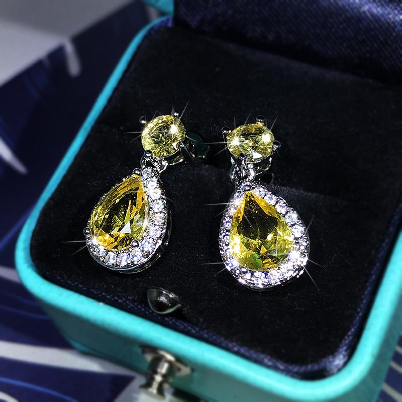Elegant Temperament Yellow Zircon Drop Earrings  Sterling Silver Four-Claw Diamond Earrings Ladies Party Birthday Jewelry
