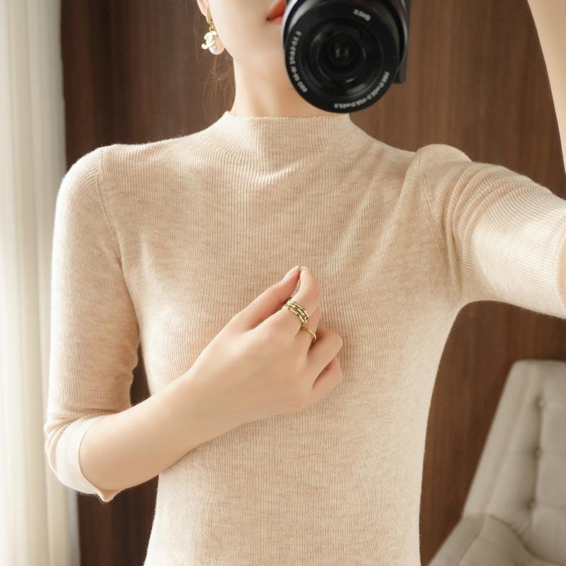 New Spring and Autumn Thin Knitted Sweater Female Slim Solid Color 7-point Sleeve Sweater Temperament Thin Solid Color Pullover Half Turtleneck