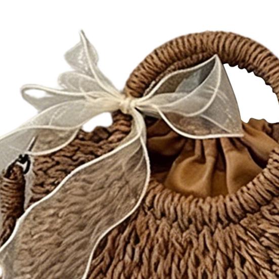 Straw Woven Handbag Boho Small Crossbody Purse with Detachable Strap Round Top Handles Summer