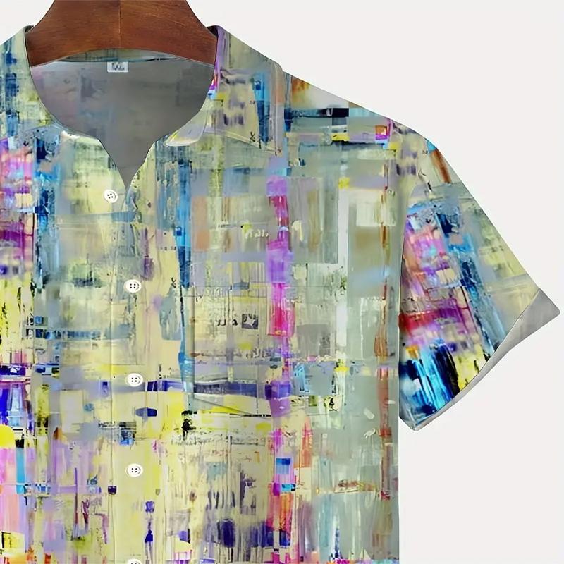 Camisa de Manga Corta para Hombre con Estampado Abstracto Degradado Vibrante y Botones, Fibra de Poliéster Ropa Casual para Vacaciones de Verano