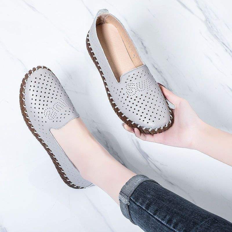 

Soft leather grandma shoes flat bottom hollow hole single shoes breathable non-slip super soft beef tendon sole mother shoes women s casual shoes 40 серый