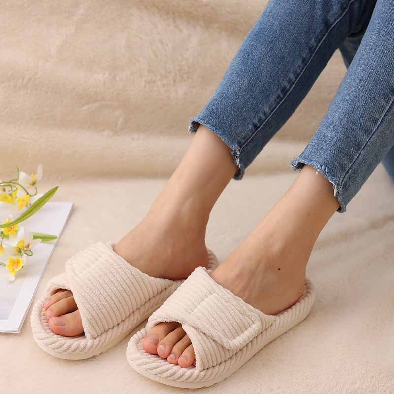 Fashion LItfun Fuzzy House Slippers Women Four Season Warm Cotton Slippes Open Toe Bedroom Slides Outdoor Faux Fur Lining Plush Slippers