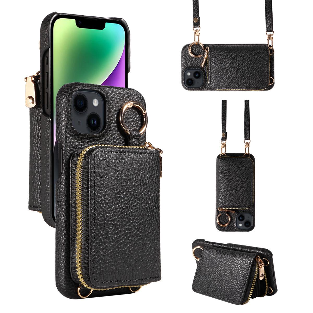 

Кошелек-чехол через плечо для iPhone 15 Pro / Samsung S23, противоударный чехол из ПУ-кожи с держателем для карт и ремешком, чехол с подставкой для защиты всего корпуса iPhone 11 Pro чёрный