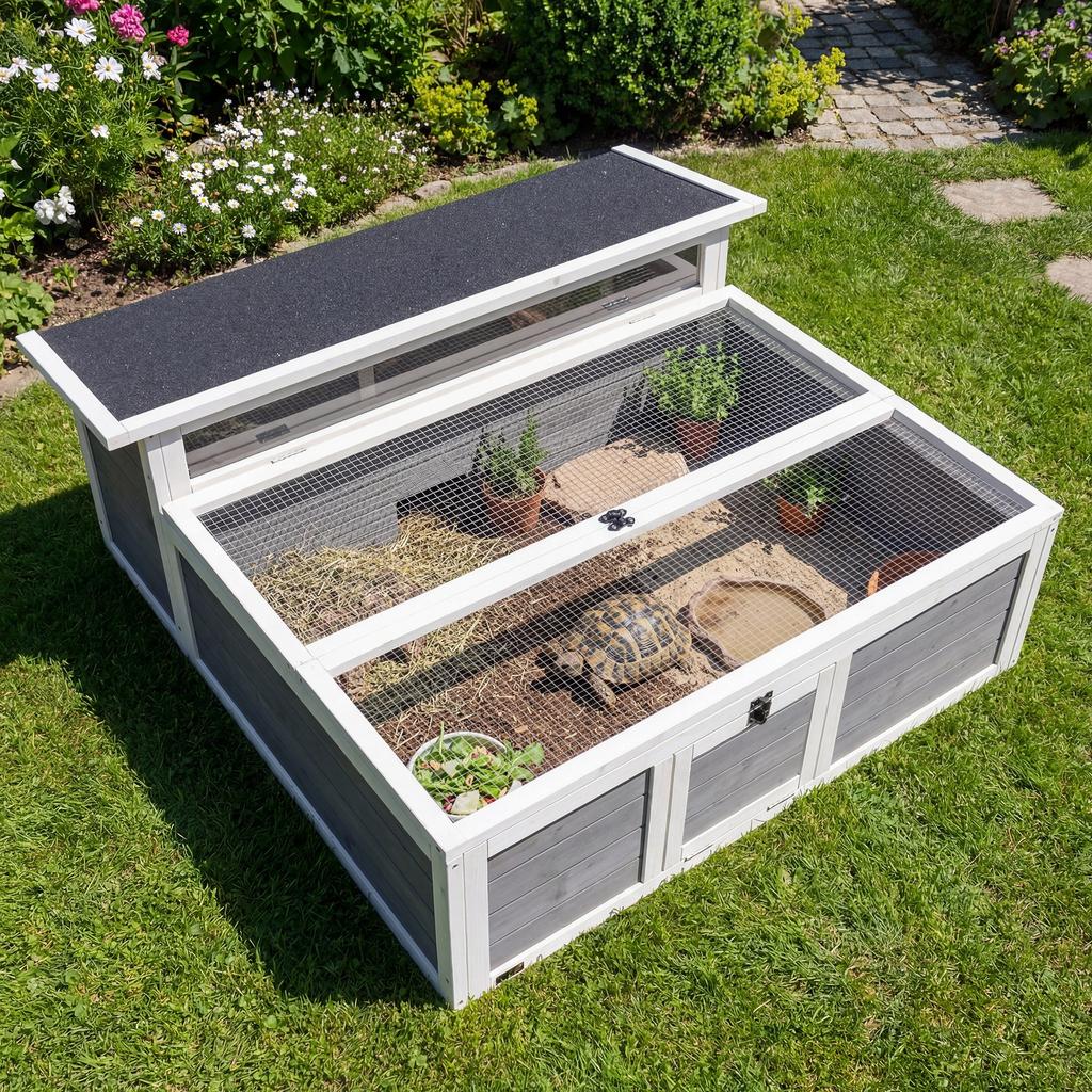 Wooden tortoise house with free range, main house, viewing window, hinged top, 2 doors, 113x106.5x44.5 cm, dark grey