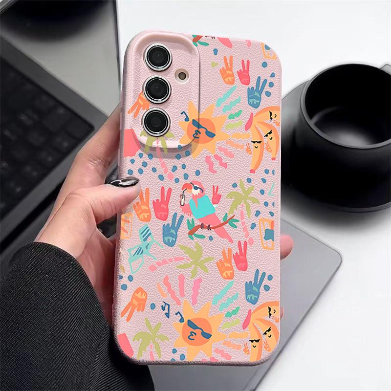 Colorful Cartoon Pattern Case For Samsung Galaxy S25 Edge S24 Ultra S23 S22 Plus S21 FE S26 Ultra Leather Texture Silicone Cover