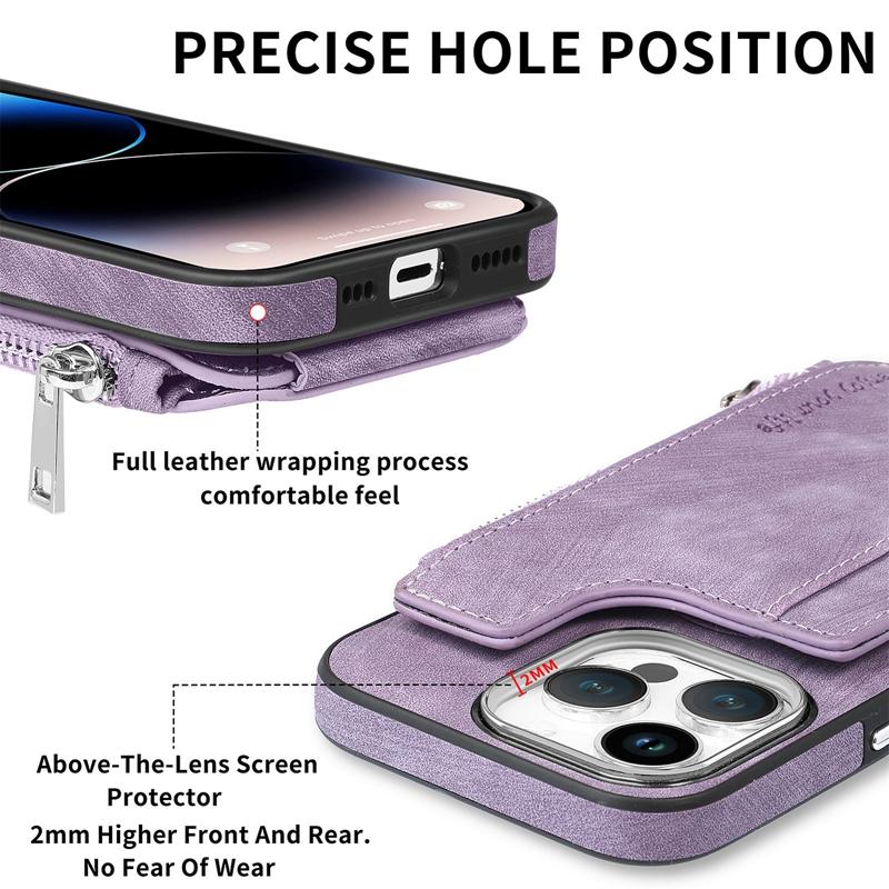 Multifunktionale kabellose Lade-Telefonhülle mit Reißverschluss-Brieftaschenfach für iPhone 14 Pro Max, PU-Leder-Ständerhalter, Flip-Cover für iPhone 14 Pro