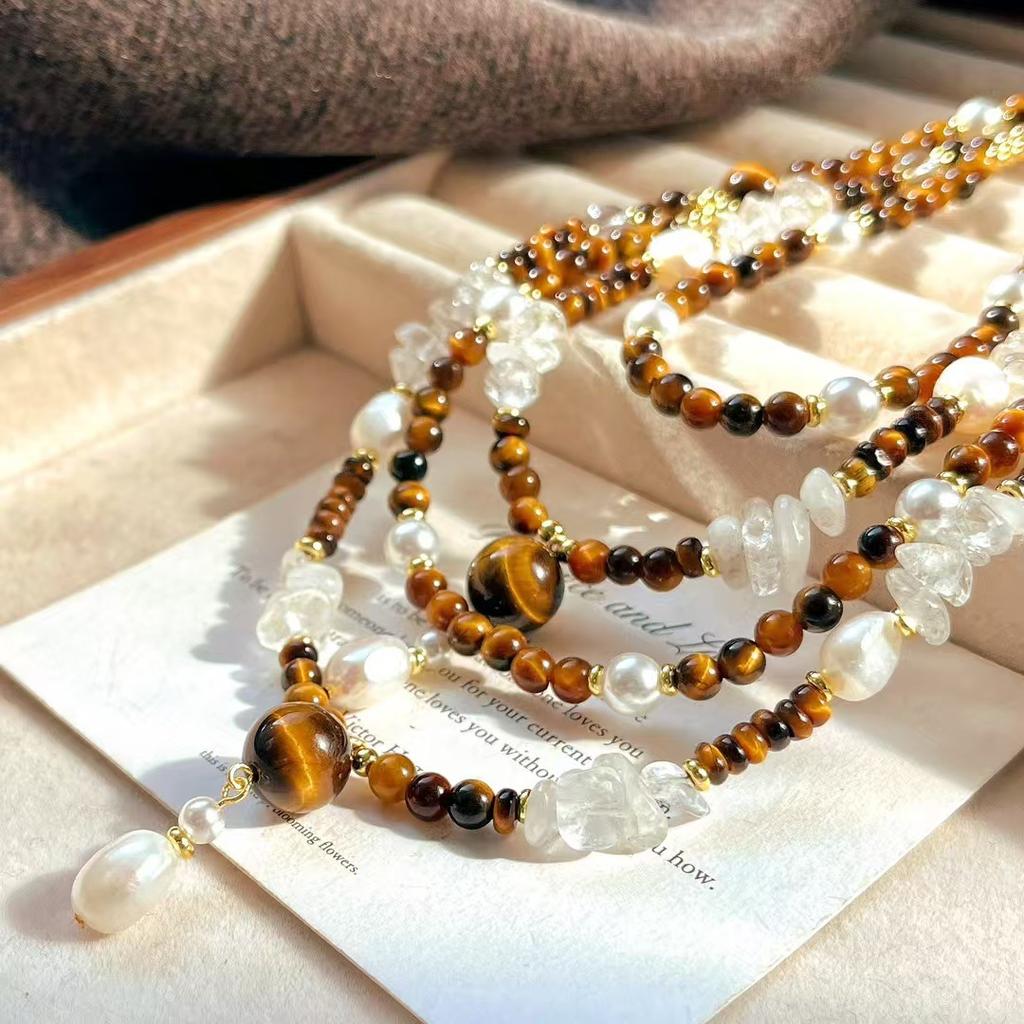 High-End Retro Maillard Natural Tiger'S Eye Stone White Crystal Artificial Crystal Pearl Design Sweater Chain Item