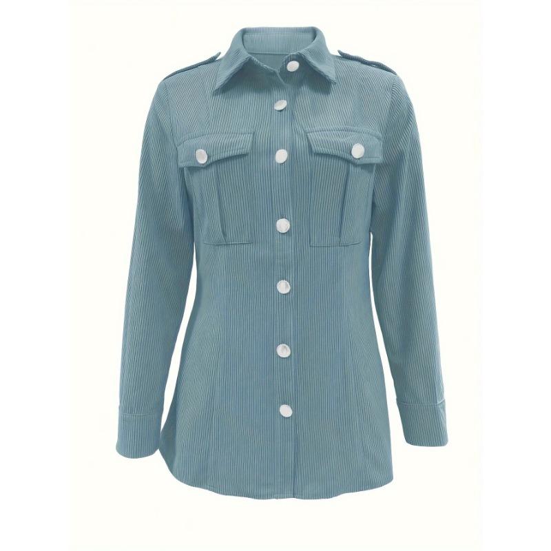 [Chic Long Sleeve] Elegant Light Blue Corduroy Jacket for Women | Polyester | Machine Washable | Fall/Winter