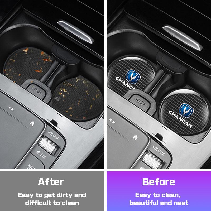 2Pcs Carbon Fiber Leather Car Coaster Water Cup Mat For Changan UNI-K CS35 CX70 CS85 CS55 CS75 Non-slip Pad Interior Accessories