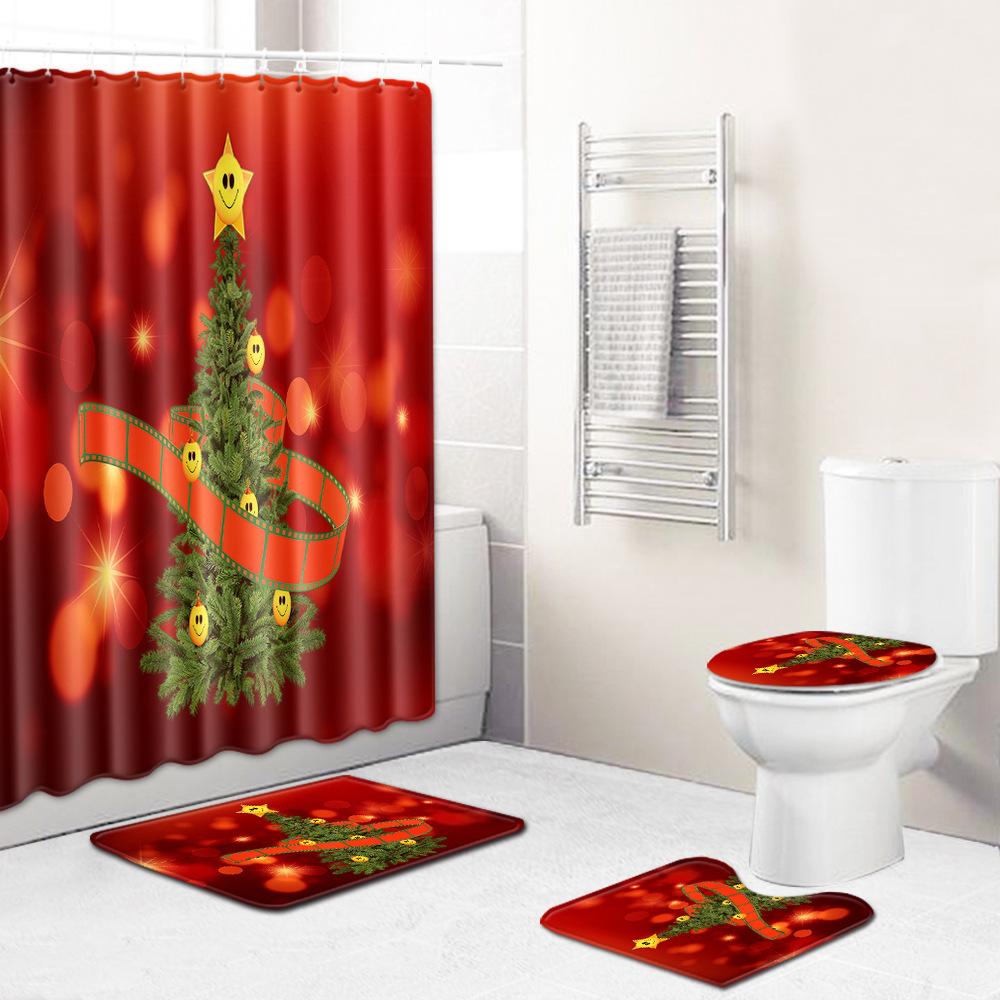 Christmas Shower Curtain Floor Mat Combination Four-Piece Set Bathroom Toilet Carpet Shower Room Mat Foot Mat