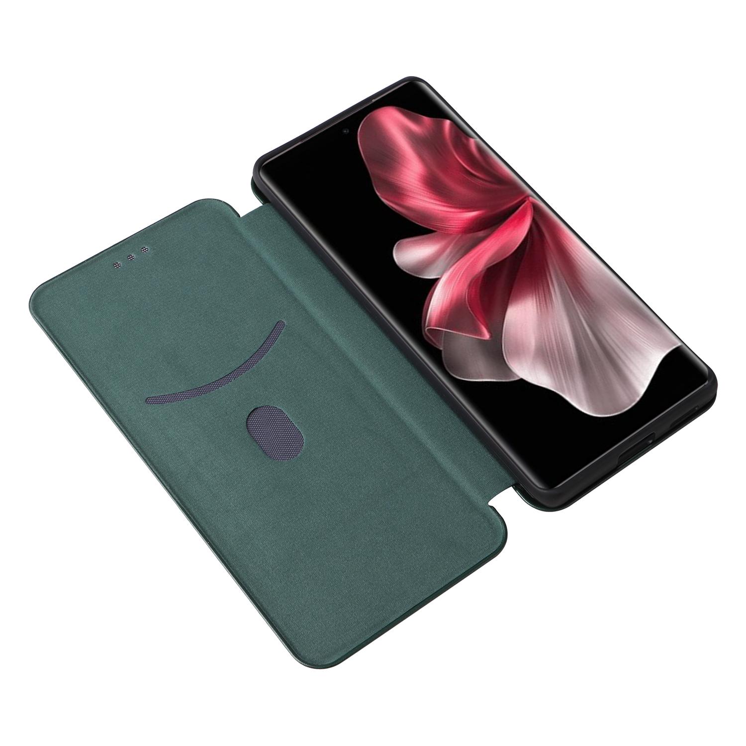 

For vivo V30e 5G Case Card Slots Stand Carbon Fiber Texture Leather Cover Green