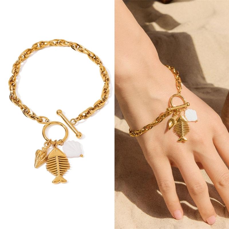 Elegant Shell Fishbone Conch Pendant Bracelet Adjustable OT Clasp For Beach Vacation Jewelry Gift Stainless Steel