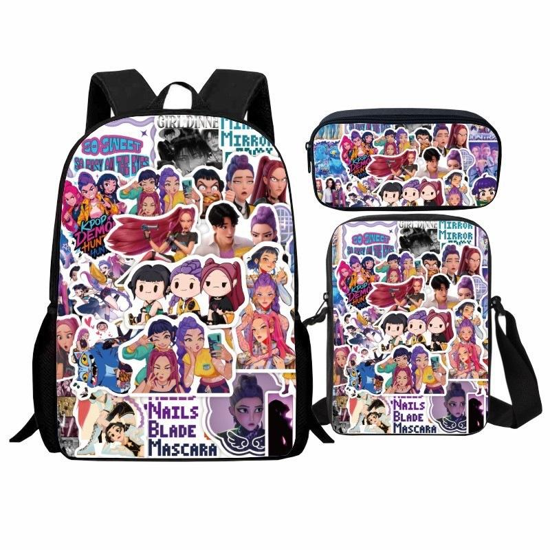 Set Zaino per Studente Gruppo di Ragazze Cacciatrici Kpop 3-in-1 Cartone Animato Borsa Scolastica con Borsa a Tracolla e Astuccio