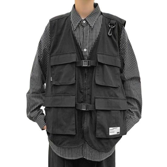 

Мужской жилет без воротника, без рукавов, однотонный, с несколькими карманами, на молнии, свободный покрой, повседневный жилет-карго для отдыха на открытом воздухе M чёрный